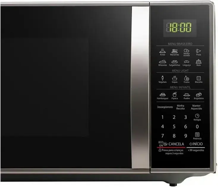 Imagem frontal do micro-ondas com fundo simples e neutro, destacando o produto.