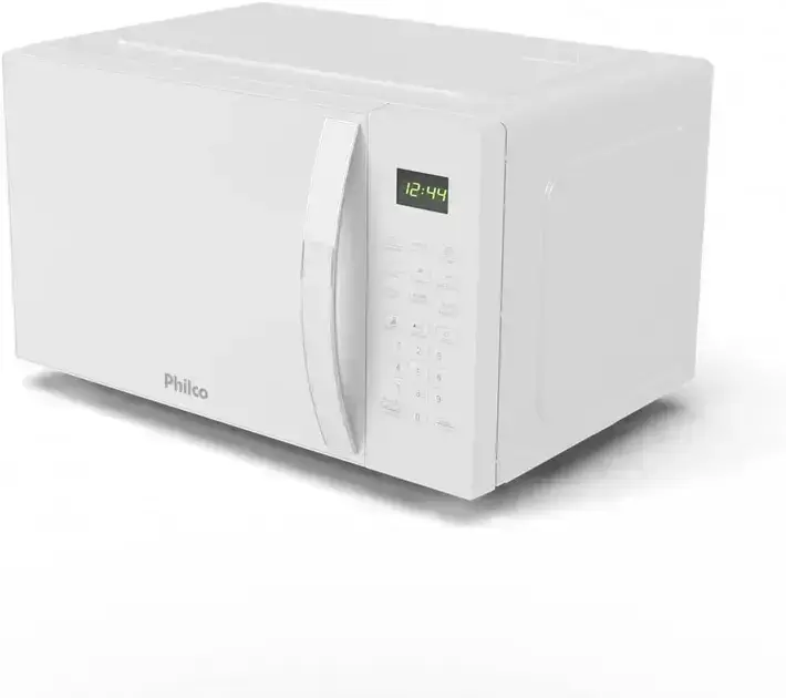Micro-ondas visto de lado, com fundo branco simples, sem elementos adicionais.