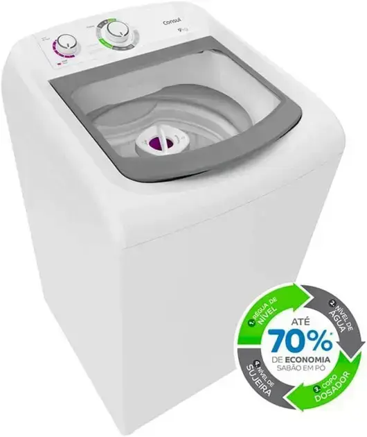 Imagem frontal da lavadora, com fundo branco que destaca o produto.