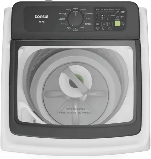 Imagem frontal da lavadora, com fundo neutro, sem distrações, permitindo foco no produto.