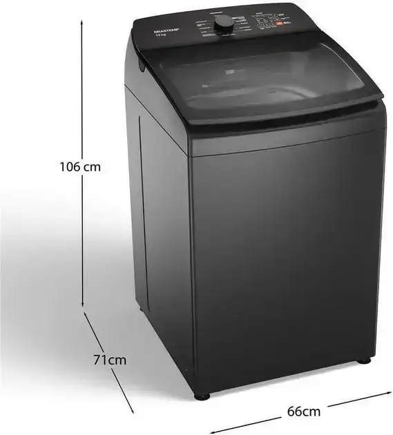 imagem frontal da máquina de lavar, com fundo neutro que destaca o produto.