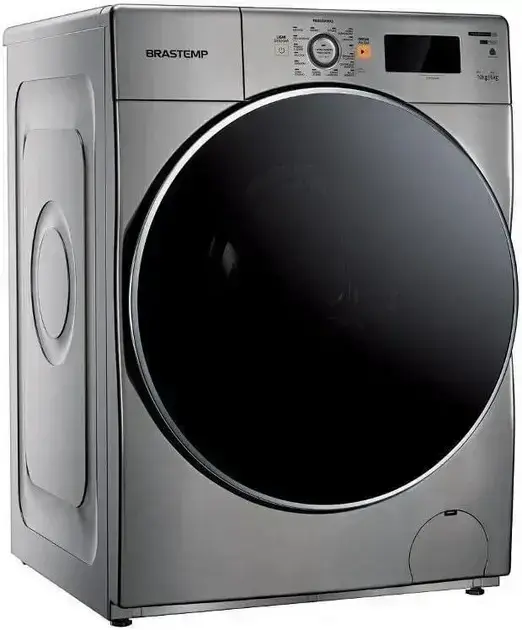 Imagem frontal da máquina de lavar com fundo neutro, sem distrações.