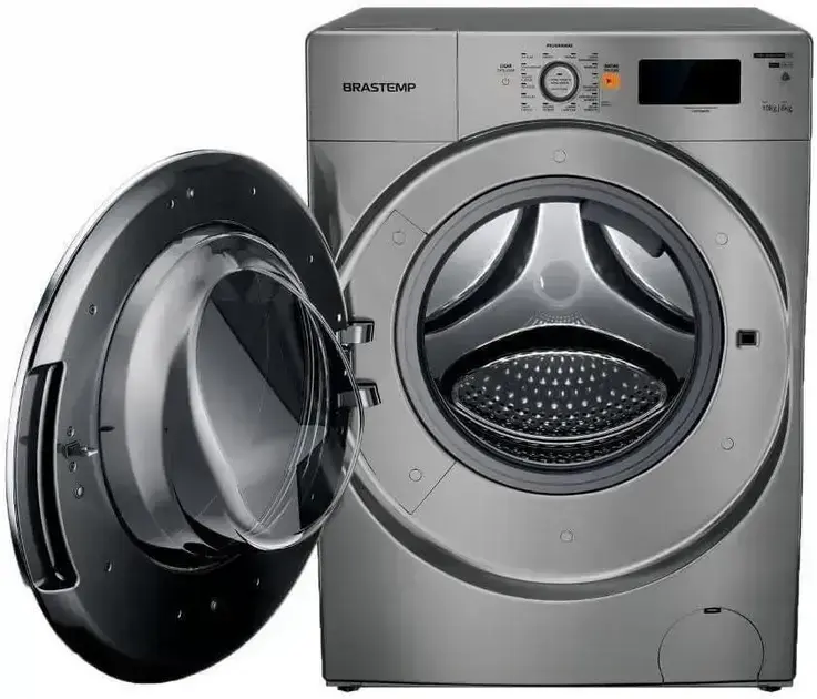 Imagem frontal da máquina de lavar com fundo neutro, sem elementos que distraiam do produto.