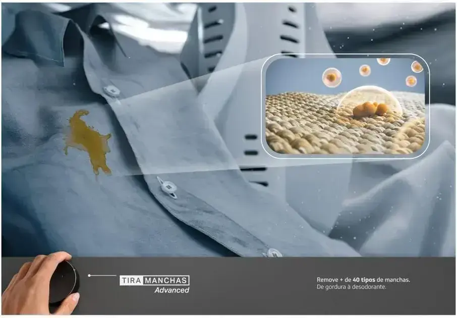 Imagem frontal do produto com fundo desfocado, apresentando um ambiente que parece ser uma lavanderia.