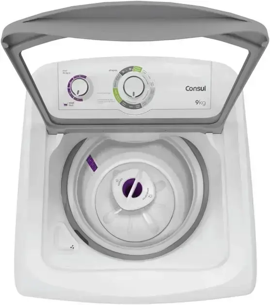 Imagem superior da lavadora, com fundo neutro destacando o produto em primeiro plano.