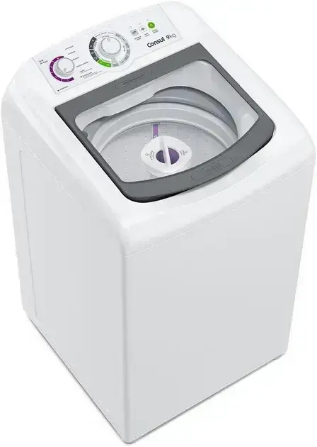 Imagem superior de uma máquina de lavar, com fundo neutro, sem elementos que distraiam do produto.