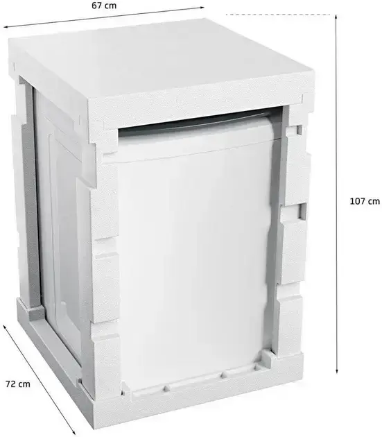 Lavadora com foco no produto e na embalagem, sem fundo visível.
