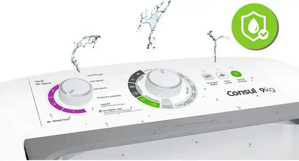 Lavadora com fundo branco e limpo, destacando o painel da máquina de lavar.
