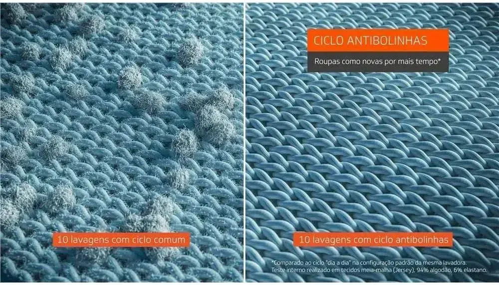 Lavadora com fundo claro destacando tecidos em azul, design minimalista.