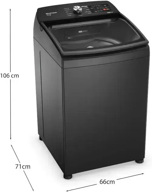 Lavadora de roupas em perspectiva 3D, com fundo branco destacando o produto.