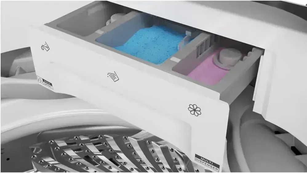 Máquina de lavar com fundo branco e limpo, destacando a gaveta do dispenser.