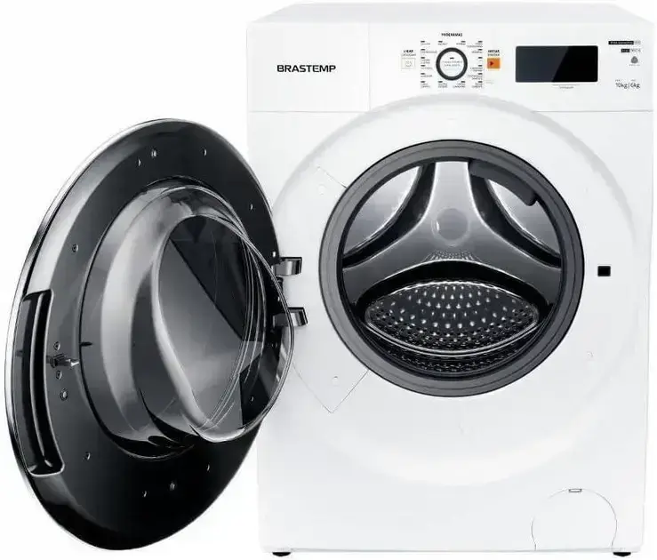 Máquina de lavar com fundo branco e neutro, destacando a máquina.