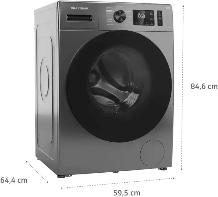 Máquina de lavar em frontal, com fundo branco que destaca o produto.