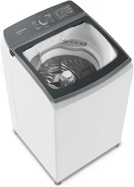 Máquina de lavar em perspectiva 3D com fundo neutro, permitindo foco no produto.