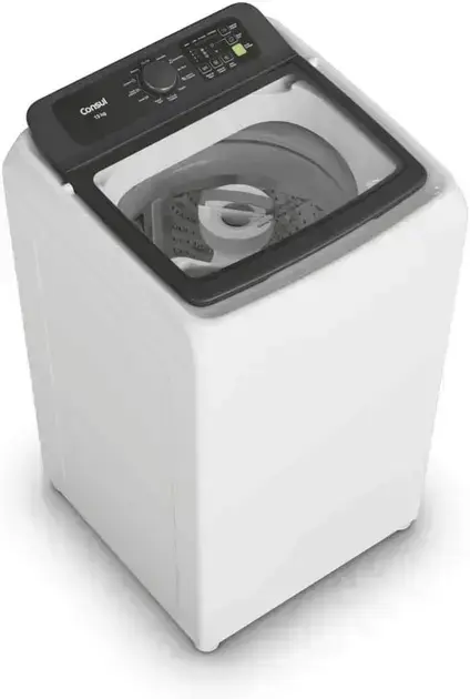 Máquina de lavar em perspectiva 3D, fundo branco e neutro.