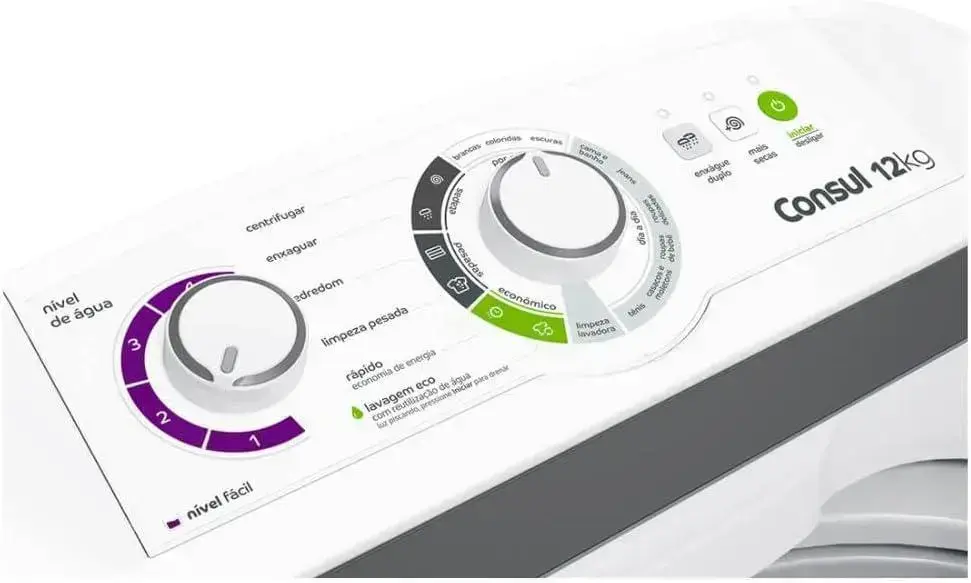 Máquina de lavar vista frontal, com fundo branco e limpo, sem distrações.