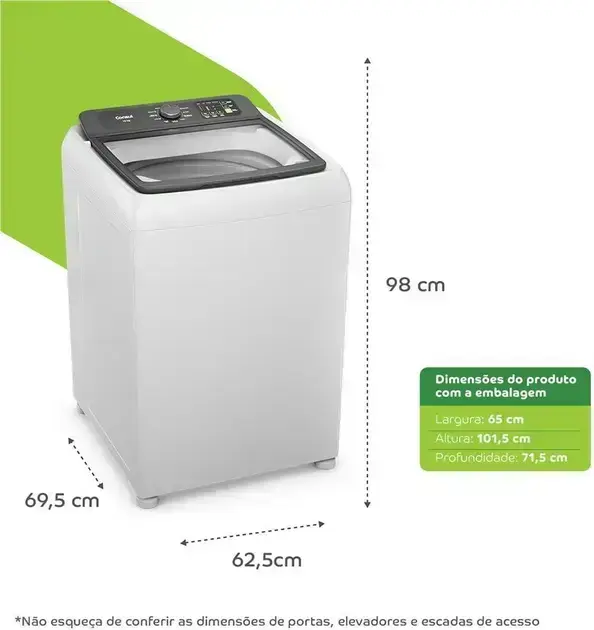 Máquina de lavar vista frontal, com fundo branco e um destaque em verde.