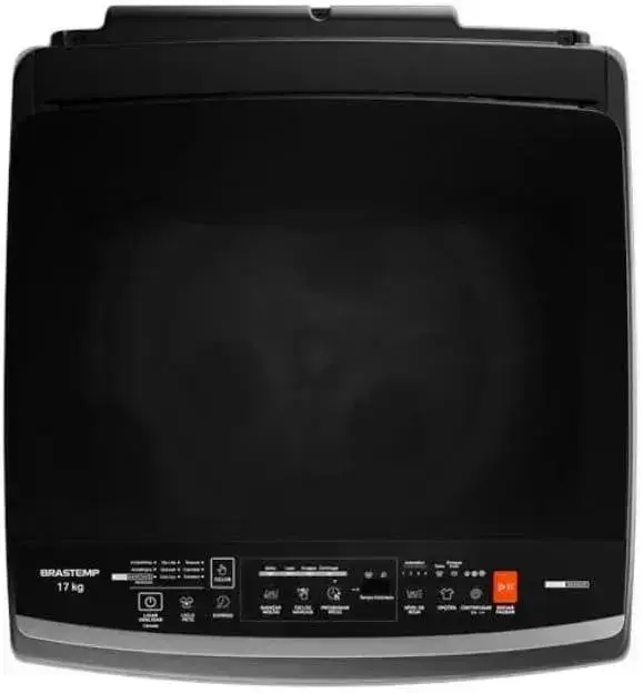 Máquina de lavar vista frontal, com fundo neutro que não interfere na visualização do produto.