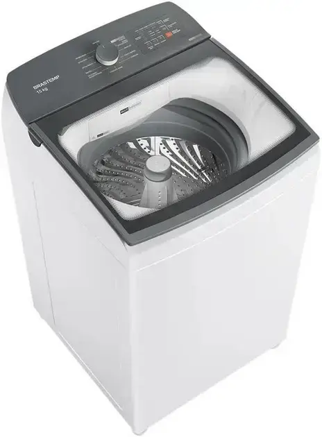 Máquina de lavar vista superior em fundo neutro, sem elementos distrativos.